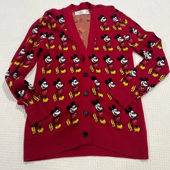 Disney Mickey Mouse Red Cardigan Sweater Sz small Graphic Knit Button Front - Picture 1 of 5